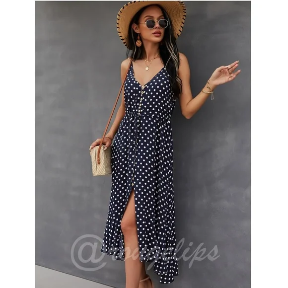 Navy Blue Polka Dot Midi Button Through Dress Flared V-Neck - Picture 6 of 9